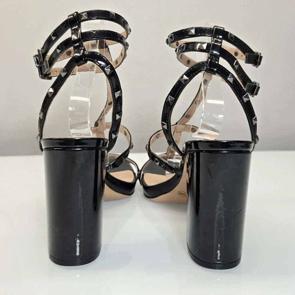 Mix No 6 Rock Stud Ankle‎ Strap Caged Sandals 9M Black Patent Block Heel Prom